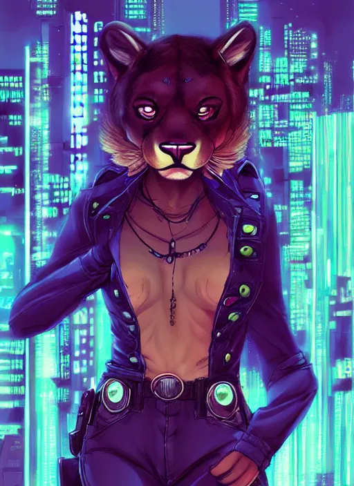 Prompt: beautiful portrait commission of a female furry anthro cougar fursona wearing a police uniform. Cyberpunk city at night in the rain. Neon light. Atmospheric. Character design by charlie bowater, ross tran, artgerm, and makoto shinkai, detailed, inked, western comic book art