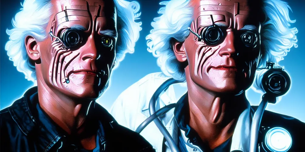 Prompt: doctor emmett brown creates the original terminator, highly detailed, digital painting, artstation, concept art, matte, sharp focus, illustration, art by artgerm and greg rutkowski and alphonse mucha