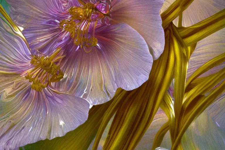 Prompt: beautiful macro photograph of an alien flower with iridescent petals | feathered tendrils | by Donato Giancola and Vermeer | subsurface scattering | soft pale colors | featured on Artstation