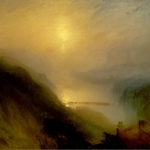 Image similar to A oil painting of scenic view of misty morning by JMW Turner, highly detailed, high resolution