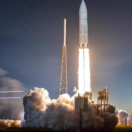 Image similar to nighttime launch of the space launch system from lc - 3 9 b at kennedy space center, 2 0 2 5