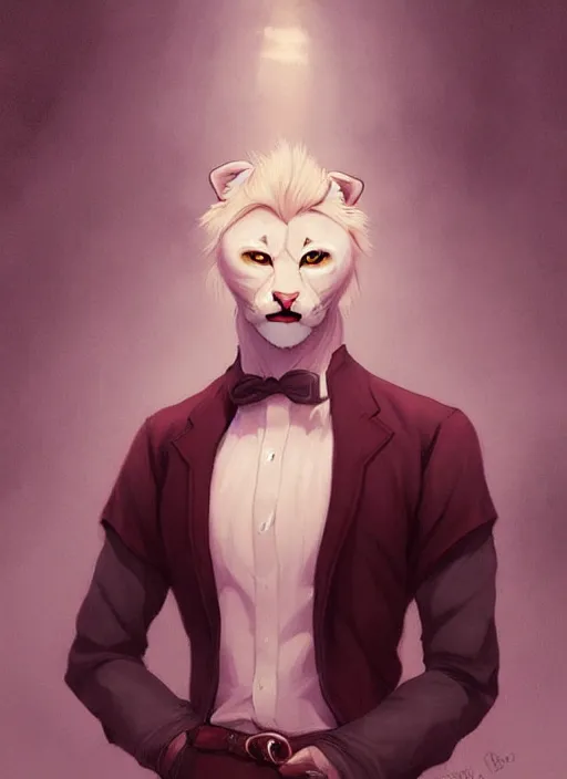 Image similar to beautiful portrait commission of a male furry anthro albino mountain lion with dark red eyes wearing a dress shirt in an old-timey Saloon. Atmospheric. Character design by charlie bowater, ross tran, artgerm, and makoto shinkai, detailed, inked, western comic book art