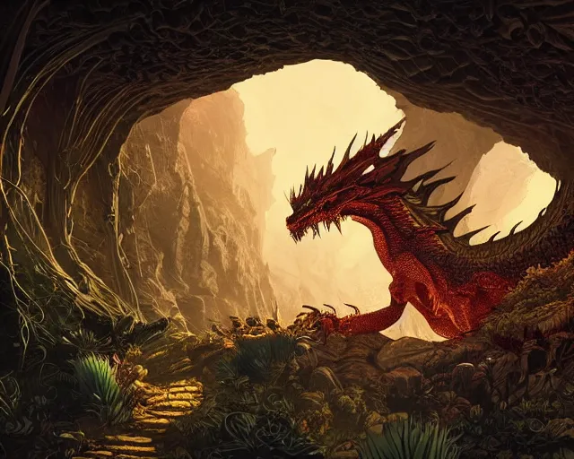 Image similar to Giant Dragon resting in a cave, natural light, dead plants and flowers, elegant, intricate, fantasy, atmospheric lighting, by Kilian Eng, Peter Morhbacher splash art,