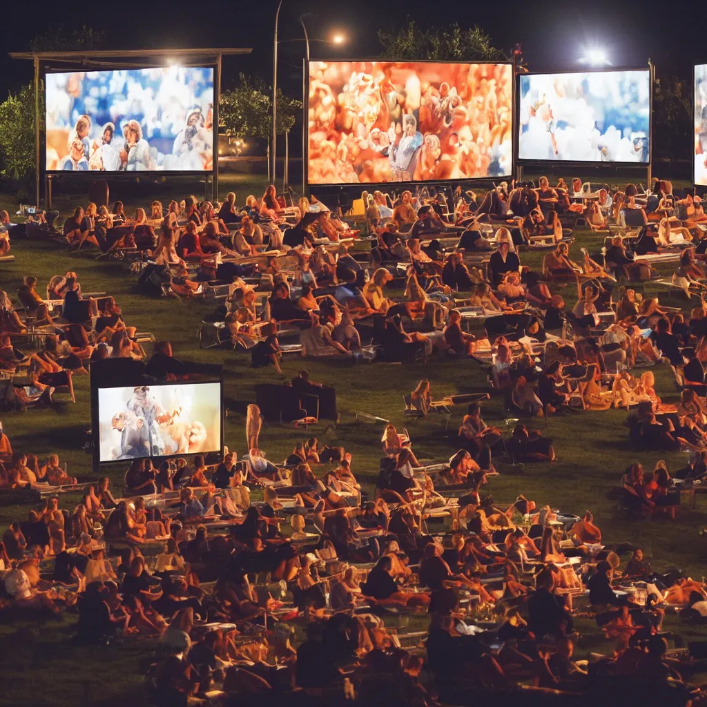 Image similar to outdoor cinema screen with moviegoers, giant popcorn bucket, at night symmetrical rule of thirds