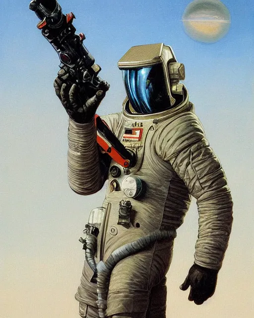 Image similar to a painting of a spaceman holding a rifle, concept art by michael whelan and tim white and vincent di fate, featured on deviantart, space art, concept art, sci - fi, cosmic horror