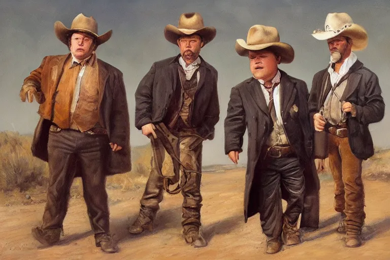 Prompt: detailed, realistic oil painting of phillip seymour hoffman with a pocket - watch and two bandits in a busy old west town