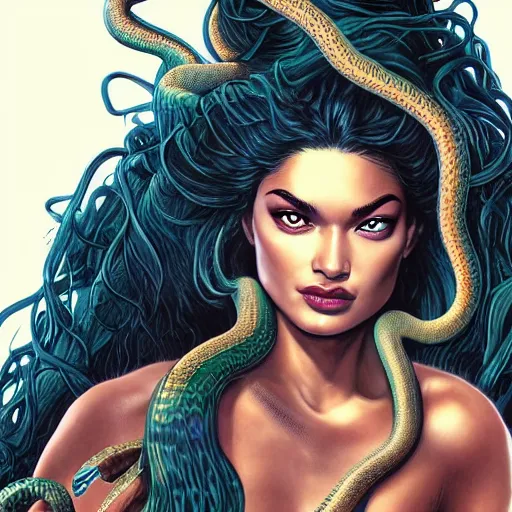 Image similar to Shanina Shaik as Medusa, snakes for hair, highly detailed, digital painting, artstation, concept art, smooth, sharp focus, illustration, art by Chris Achilleos and artgerm, in the style of Medusa (1988) by Chris Achilleos.