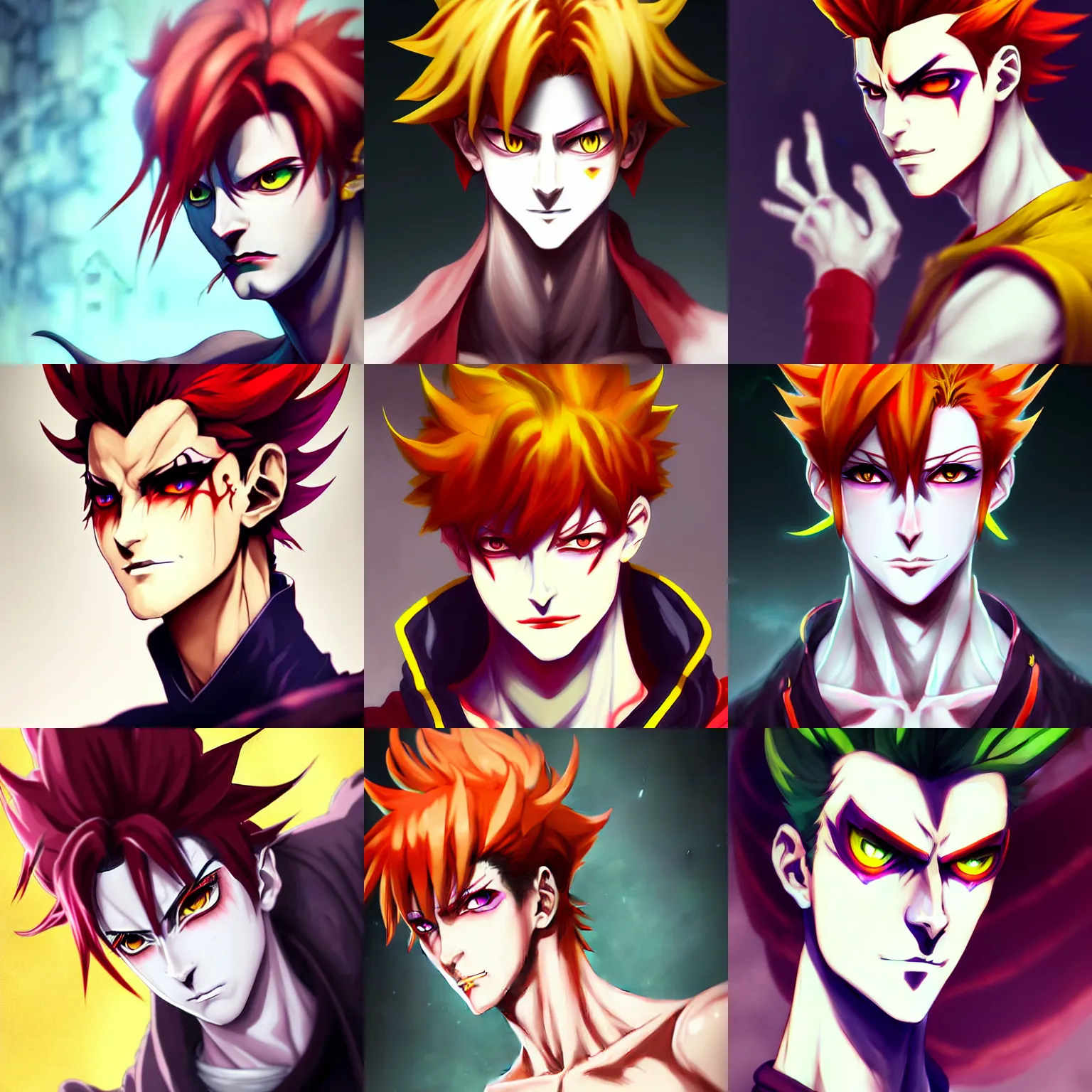 Prompt: hisoka anime male 2 0 years old male overwatch moira mischievous sharp features very very narrow yellow eyes red red crimson soft hair thin lips arch eyebrows anime pixiv smooth skin hairstyle art by wlop ruan jia rutkowski