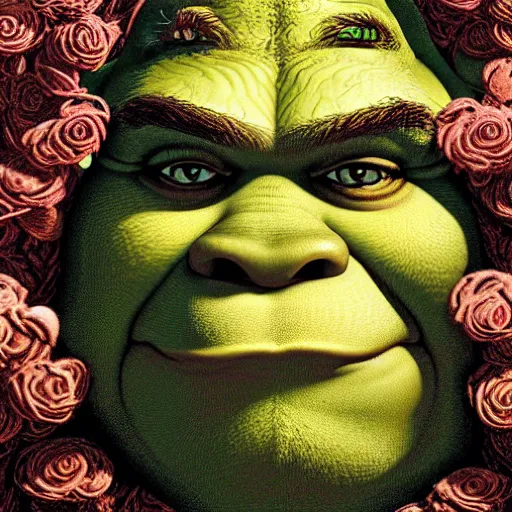 Image similar to a beautiful detailed front view portrait of shrek with ornate growing around, ornamentation, flowers, elegant, beautifully soft lit, by wayne barlowe, peter mohrbacher, kelly mckernan,