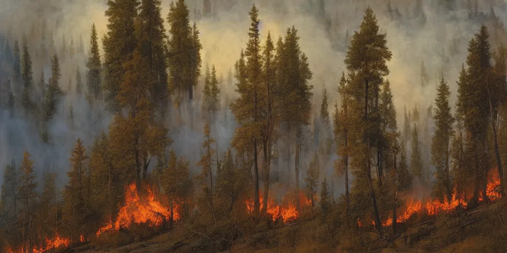 Image similar to smokey forest fire artwork by eugene von guerard