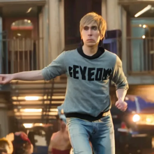 Image similar to Live Action Still of Jerma in Scott Pilgrim, real life, hyperrealistic, ultra realistic, realistic, highly detailed, epic, HD quality, 8k resolution, body and headshot, film still