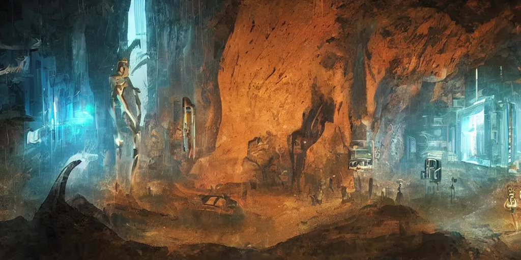 Image similar to a cyberpunk pre - historic rupestre cave painting