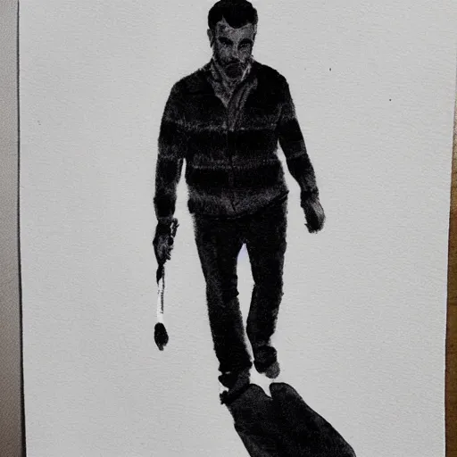 Image similar to ink and brush drawing of oscar isaac walking on the beach smoking, sunset