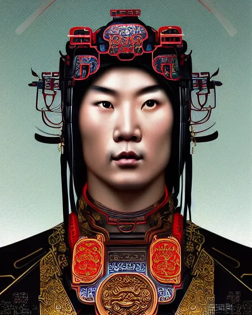 Image similar to portrait of a chinese masculine male cyberpunk machine, machine face, upper half portrait, decorated with chinese opera motifs, muscular, asian, fine china, wuxia, traditional chinese art intricate intense elegant 京 剧 highly detailed symmetry headpiece digital painting artstation concept art smooth sharp focus illustration, art by artgerm and greg rutkowski alphonse mucha 8 k