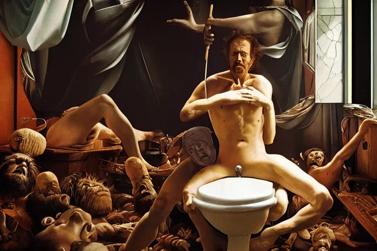 Image similar to hyperrealism aesthetic ridley scott and caravaggio and denis villeneuve style photography of a detailed giant, siting on a detailed ultra huge toilet in surreal scene from detailed art house movie in style of alejandro jodorowsky and wes anderson