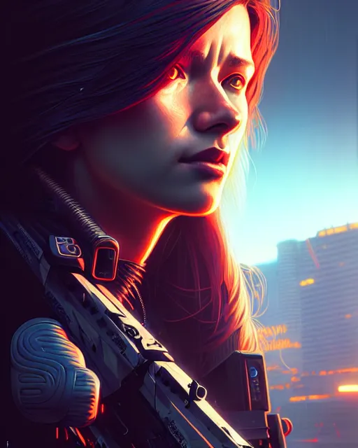 Image similar to cyberpunk synth, hyper - realistic portrait of a female hunter, dynamic wavy hair, intricately detailed background, detailed designs, digital painting, 4 k, by ilya kuvshinov, by greg rutkowski, atmospheric lighting