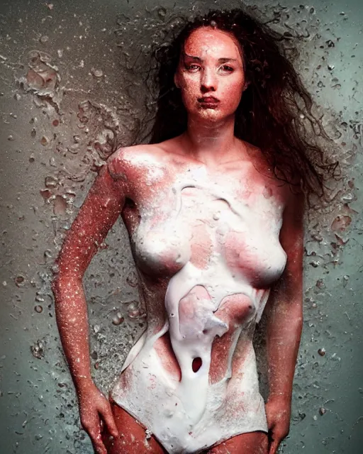 Prompt: young jennifer conelly wearing a risque outfit made from splashes of milk, half body portrait, greg kutkowski, sharp details, soft lighting, subsurface scattering, pearls of sweat, glistening skin, warm lighting