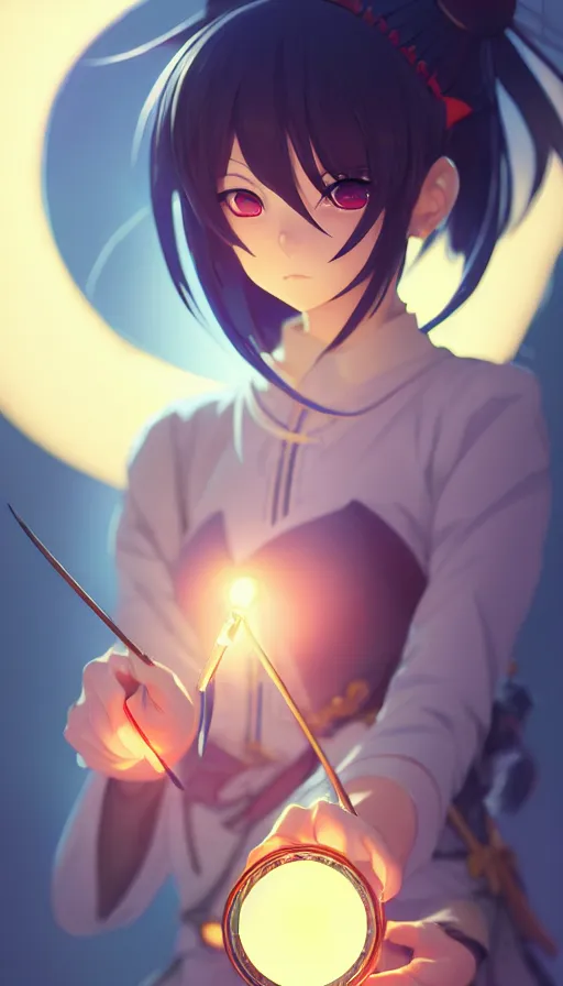 Image similar to beautiful anime girl holding a light source inside her hand, wearing samurai armor, expert high detail concept art, character design, perfect proportions defined faces, vivid colors, photorealistic shaded lighting poster ilya kuvshinov, katsuhiro, makoto shinkai, wlop, loish and clamp style, trending on artstation, best selling artist