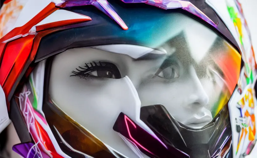 Image similar to beautifully lit medium close up photo of a white marble statue of an anime girl with colorful motocross logos and motorcycle helmet with closed visor, colorful smoke in the background, carved marble statue, fine art, neon genesis evangelion, virgil abloh, offwhite, denoise, highly detailed, 8 k, hyperreal