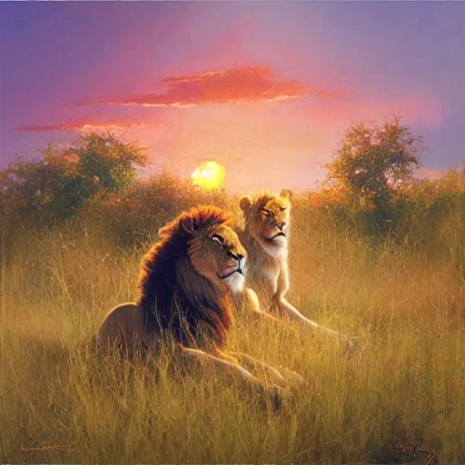 Image similar to spiritual twin flame lioness and lion art pink sunset hue highly detailed oil painting hue by craig mullins