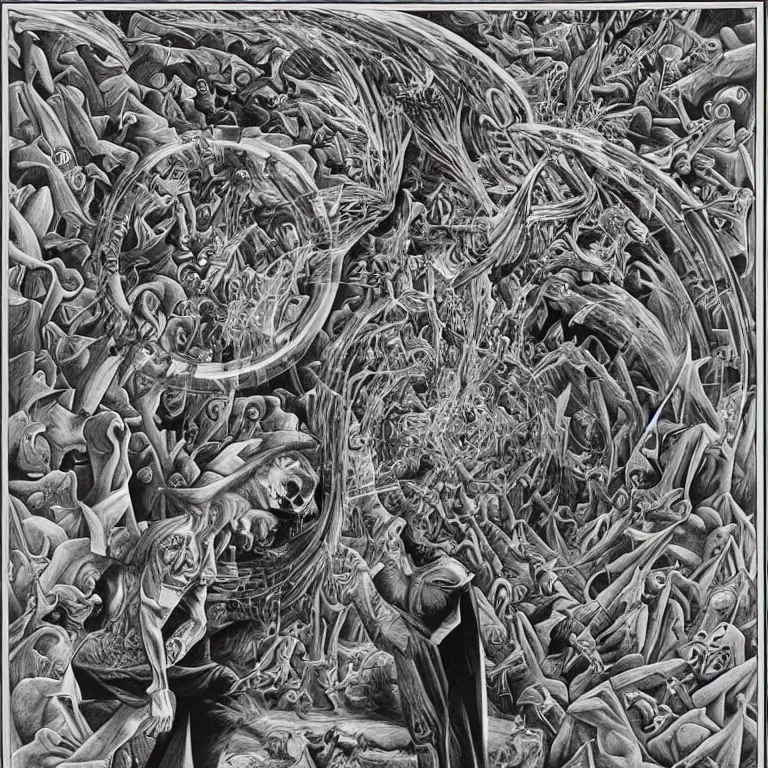 Image similar to meditation on death by Alex Grey and M. C. Escher collaboration