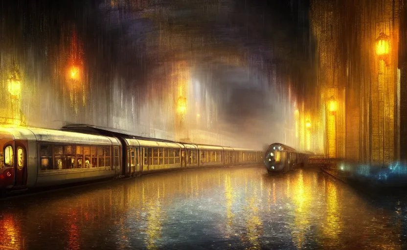 Image similar to an urban train rides inside of a waterway on a fantasy city. by artstation trending, by joseph mallord william turner, luis royo, konstantin razumov, cinematic lighting, fractal flame, highly detailed