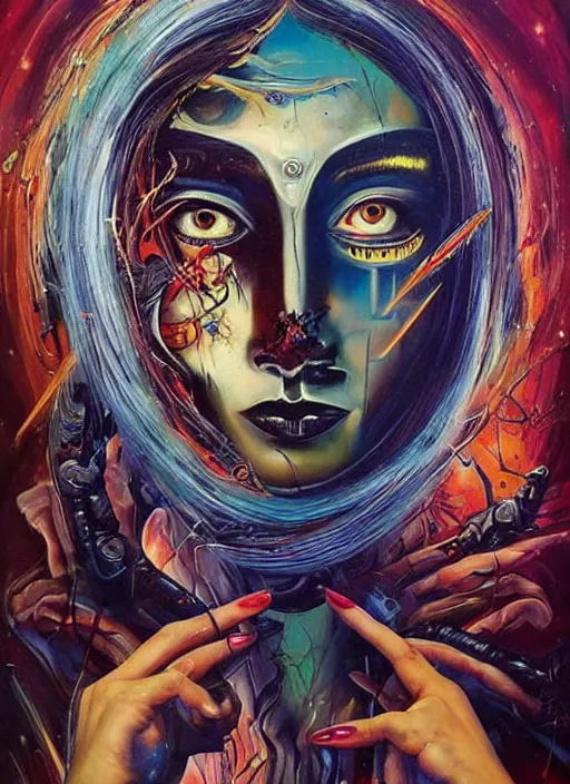 Prompt: incredible magic cult psychic woman, symmetrical painted face, third eye, energetic consciousness psychedelic scene, epic surrealism expressionism symbolism, story telling, iconic, dark robed, oil painting, layers on layers on layers, dark myth mythos, by Sandra Chevrier , Bruce Pennington, masterpiece