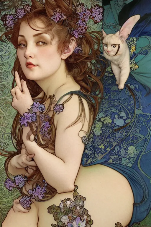 Prompt: hyper-realistic detailed full body portrait of attractive overweight, plus-sized model mature woman with cat ears by Alphonse Mucha, Ayami Kojima, Amano, Charlie Bowater, Karol Bak, Greg Hildebrandt, Jean Delville, and Mark Brooks, Art Nouveau, Neo-Gothic, gothic, rich deep colors