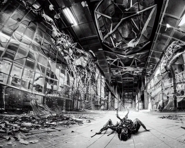 Image similar to camera footage of a Gigantic spider in an abandoned shopping mall, high exposure, dark, monochrome, camera, grainy, CCTV, security camera footage, timestamp, zoomed in, fish-eye lens, spiders, spider, spider, spider,