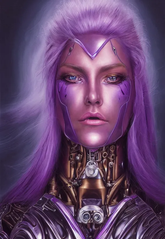 Prompt: perfectly centered portrait, front view of a beautiful biomechanical android in amethyst armor, female, flowing purple hair, intense stare, stoic, symmetrical, concept art, intricate detail, volumetric shadows and lighting, realistic oil painting by tim hildebrandt,