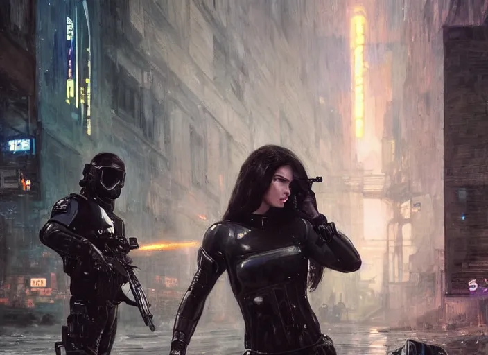 Prompt: sophia evades sgt griggs. Cyberpunk hitwoman escaping Cyberpunk police troopers in combat gear. (police state, Cyberpunk 2077, blade runner 2049, rainy city). Cyberpunk orientalist portrait by john william waterhouse and Edwin Longsden Long and Theodore Ralli and Nasreddine Dinet, oil on canvas. Cinematic, Dramatic lighting.