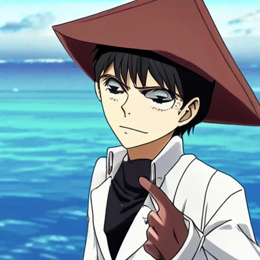 Image similar to Eren Jeager pointing at the sea wearing a fancy hat