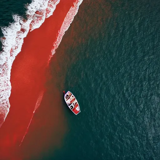 Image similar to a lonely boat floating in the turbulent red ocean, tsunami, fierce huge waves, dangerous depressing atmosphere, dark tone, illustration, aerial view, evil