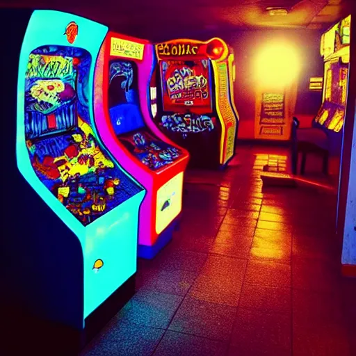 Prompt: “ nostalgic arcade, liminal, colorful aesthetic ”