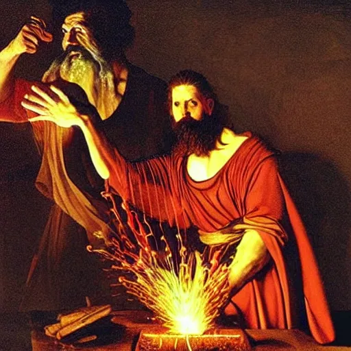 Image similar to God of forging and fire hephaistus creating the first artificial neural network in his volcanic laboratory, hephaistos has a beard and a red cape and is very strong, cinematic lighting, dark background, painting by caravaggio