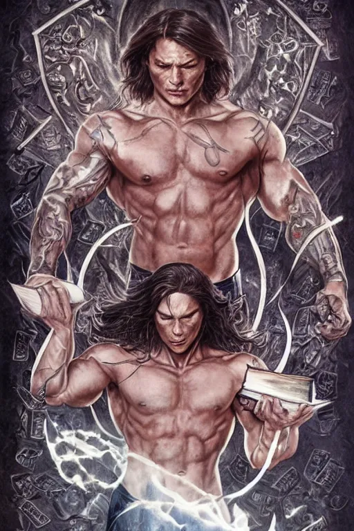 Prompt: muscular Sam Winchester with religious tattoos all over him, as a Spellcaster, holding a book with glowing runes on the cover, D&D dark fantasy style, sharp focus, ultra detailed, art by Artgerm and Peter Andrew Jones, Karol Bak, Ayami Kojima, Amano and Olivier Ledroit