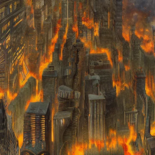 Image similar to gigantic quadruped creature walking through the center of a burning city with very tall buildings, extreme detail, abstract realism, highly ornate intricate details, 1 9 2 0's colored pencil, 4 k, cinematic lighting,