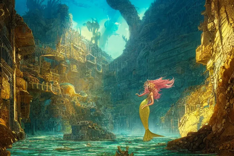 Image similar to a beautiful painting of the lost city of Atlantic city under water, ray of sunlight, mermaid in distance, Greg Rutkowski, Moebius, Mohrbacher, Mucha, blue and gold color scheme