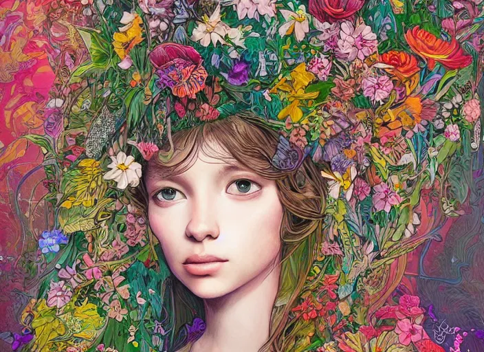 Image similar to a painting of a beautiful young girl with a lot of flowers and plants on its head, poster art by android jones, behance contest winner, generative line art, made of flowers, grotesque, concert poster