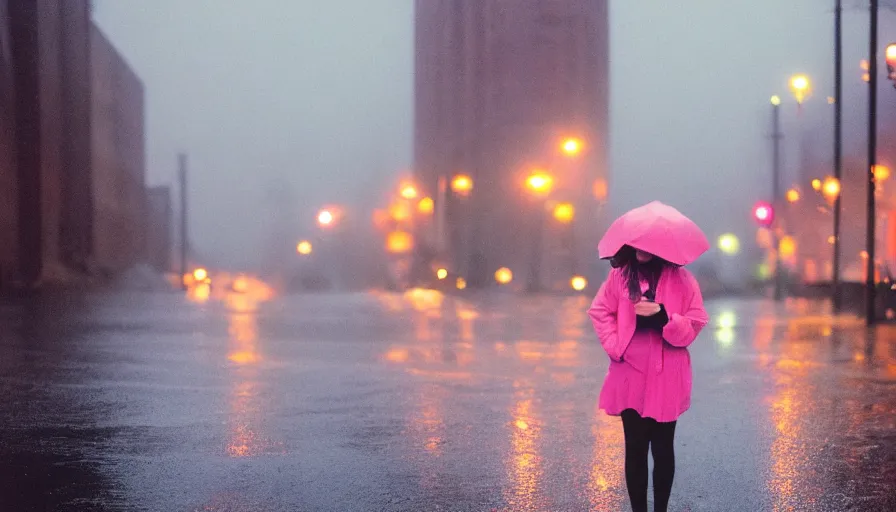 Prompt: street of philadelphia, photography, night, rain, mist, a girl with pink hair, cinestill 8 0 0 t, in the style of william eggleston