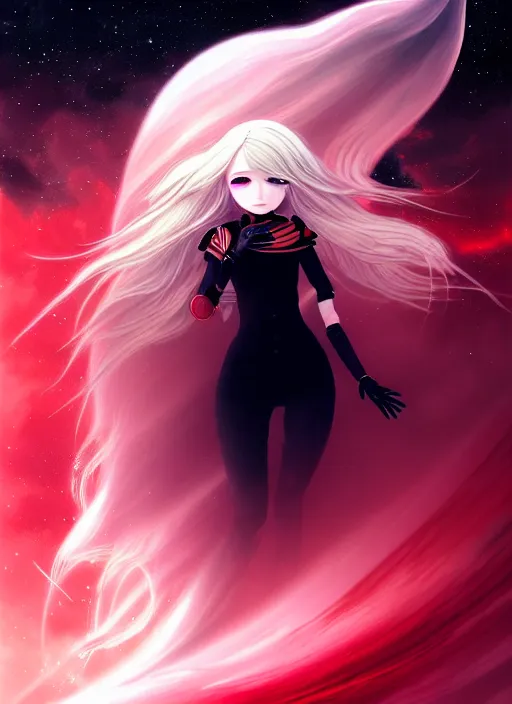 Prompt: highly detailed portrait of a hopeful pretty astronaut lady with a wavy blonde hair, by Anato Finnstark, 4k resolution, nier:automata inspired, bravely default inspired, vibrant but dreary but upflifting red, black and white color scheme!!! ((Space nebula background))