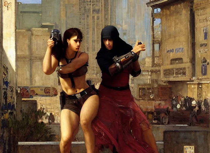 Image similar to Maria evades pvt griggs. Cyberpunk hacker escaping Cyberpunk cop. (police state, Cyberpunk 2077, blade runner 2049). Iranian orientalist portrait by john william waterhouse and Edwin Longsden Long and Theodore Ralli and Nasreddine Dinet, oil on canvas. Cinematic, vivid colors.