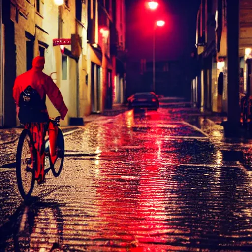Prompt: a delivery guy wearing red jacket cycling at night in uni colored street, rainy weather, 4 k, realistic, trending on artstation