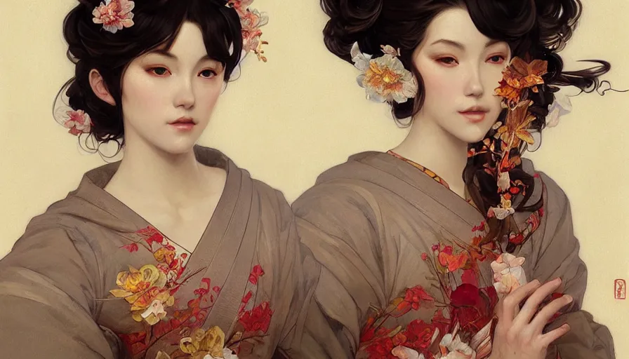 Image similar to a beautiful realistic painting of a beautiful geisha, intricate, elegant, highly detailed, digital painting, artstation, concept art, by krenz cushart and artem demura and alphonse mucha