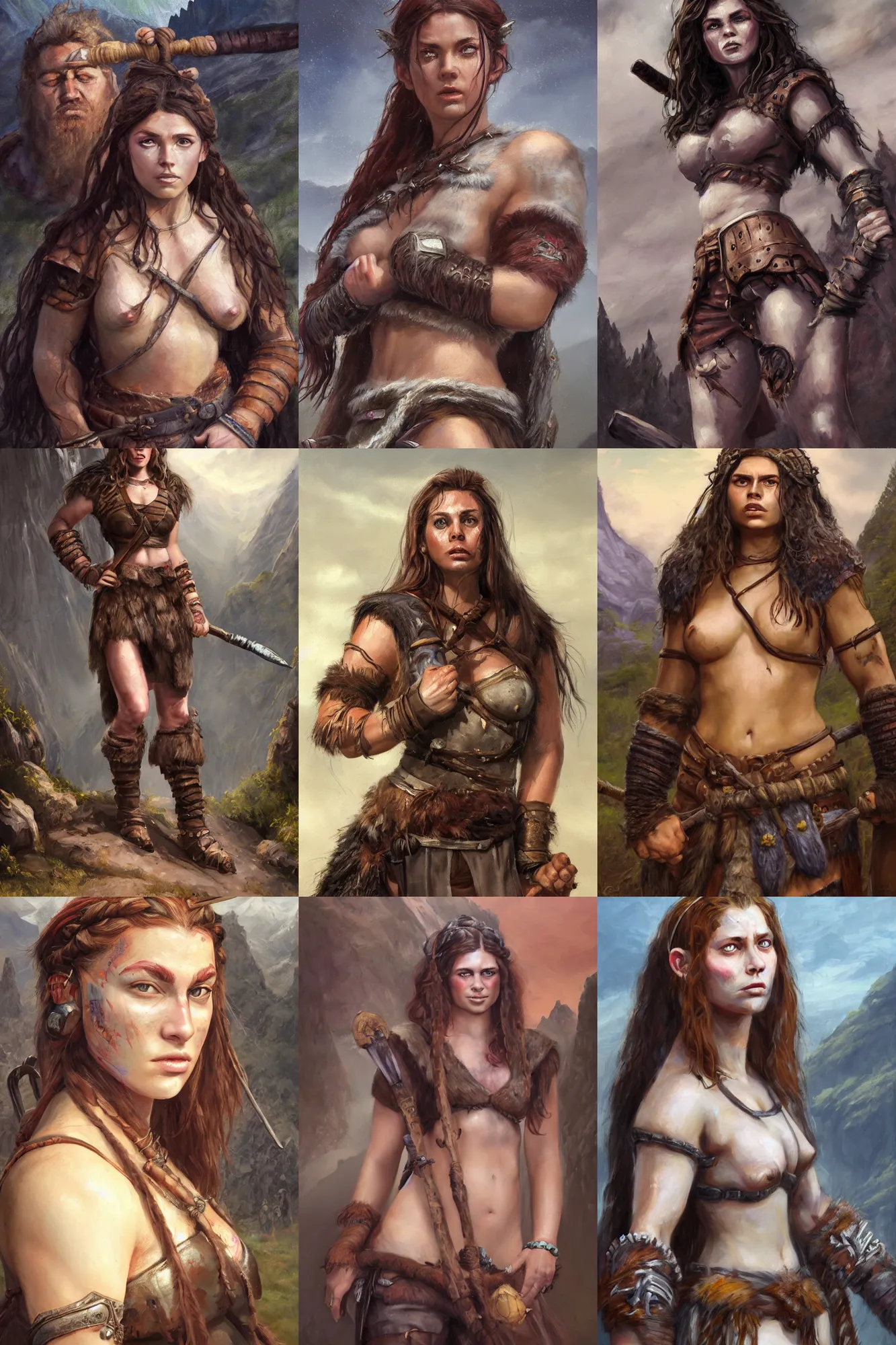 Image similar to a full body high detail fantasy portrait oil painting illustration of a beautiful cute young rugged stoic barbarian woman by justin sweet with face and body clearly visible, in a scenic background, pupils visible, realistic proportions, d & d, rpg, forgotten realms, artstation trending, high quality, sombre mood, artstation trending, muted colours, entire person visible!
