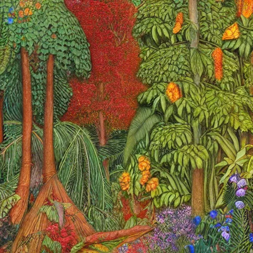 Image similar to jungle scene, leaves, vines, flowers, intricate details, volumetric lighting, vivid colors, panorama, Artwork by Elsa Beskow