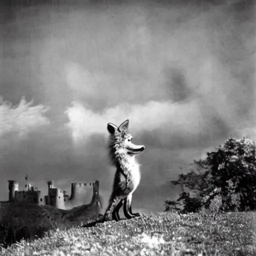 Image similar to anthropomorphic fox!! who is a medieval knight holding a swo - rd towards a s - tormy thundercloud [ 1 9 3 0 s film still ], ( castle in the background )