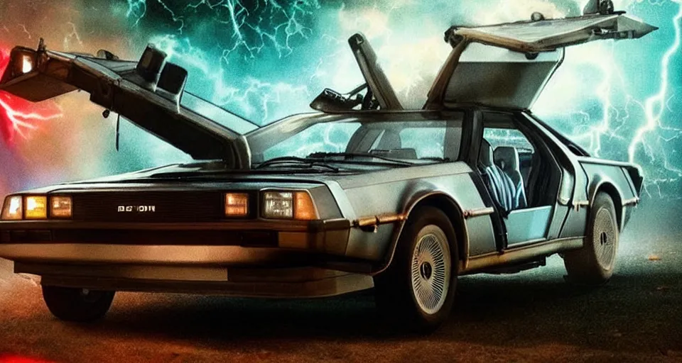 Prompt: the delorean in the upside - down from stranger things