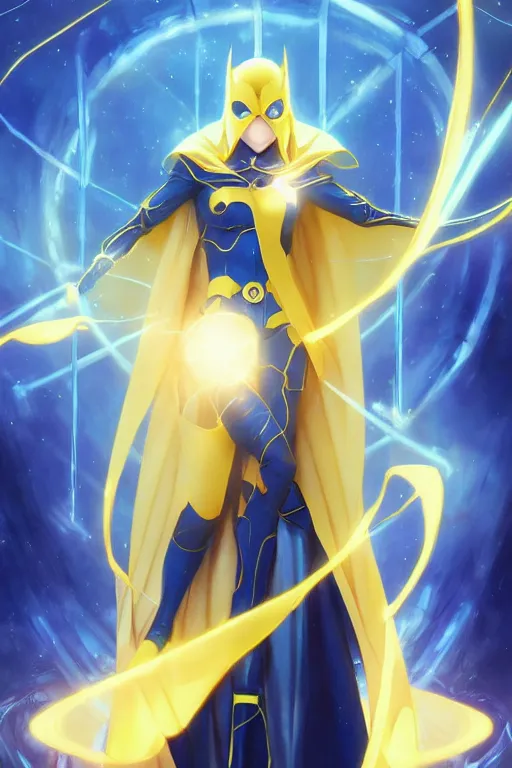 Image similar to anime key visual of a beautiful young female doctor fate!! intricate, cape, glowing, powers, dc comics, cinematic, stunning, highly detailed, digital painting, artstation, smooth, hard focus, illustration, art by artgerm and greg rutkowski and alphonse mucha