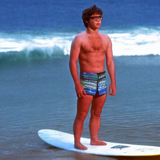 Image similar to Rick Moranis as a Californian surfer dude, movie still, cinematic Eastman 5384 film